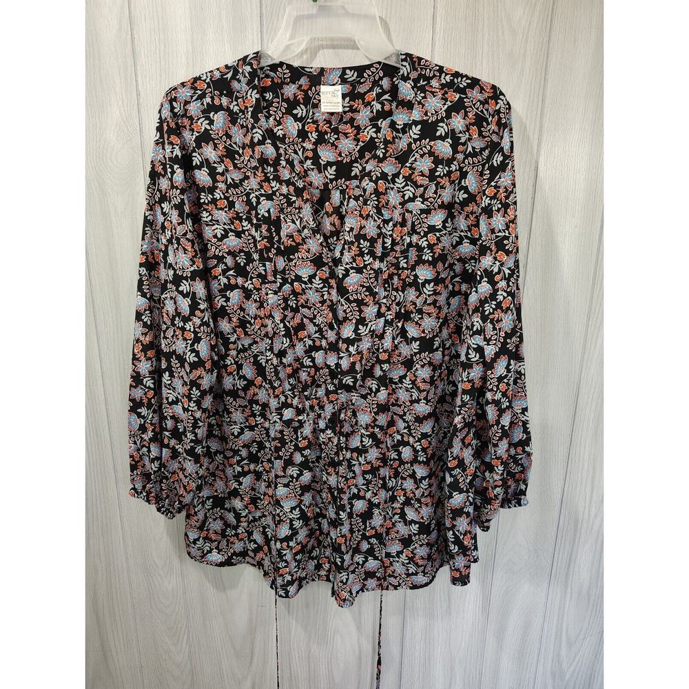 Terra Sky Dark Floral Vneck Tie Front Blouse Plus Size 2x 20w/22w Button Up Boho
